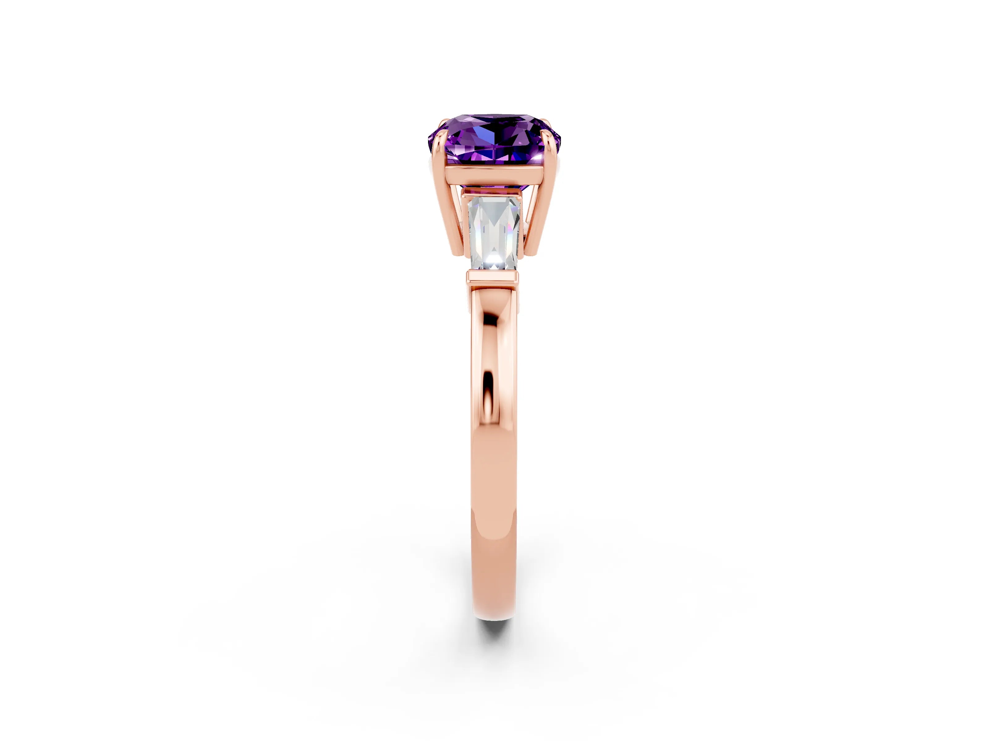 Rose gold Cushion Cut Cut Diamond Ring with Tapered Baguette Side Stones in Four-Prong Setting_2