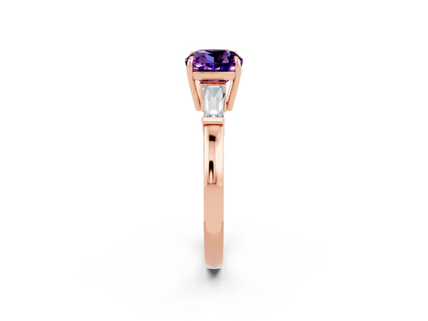 Rose gold Cushion Cut Amethyst Three-Stone Ring with Tapered Baguette Side Stones and Prong Setting