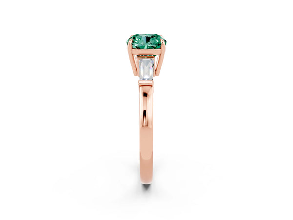 Rose gold Cushion Cut Green Sapphire Three-Stone Ring with Tapered Baguette Side Stones and Prong Setting