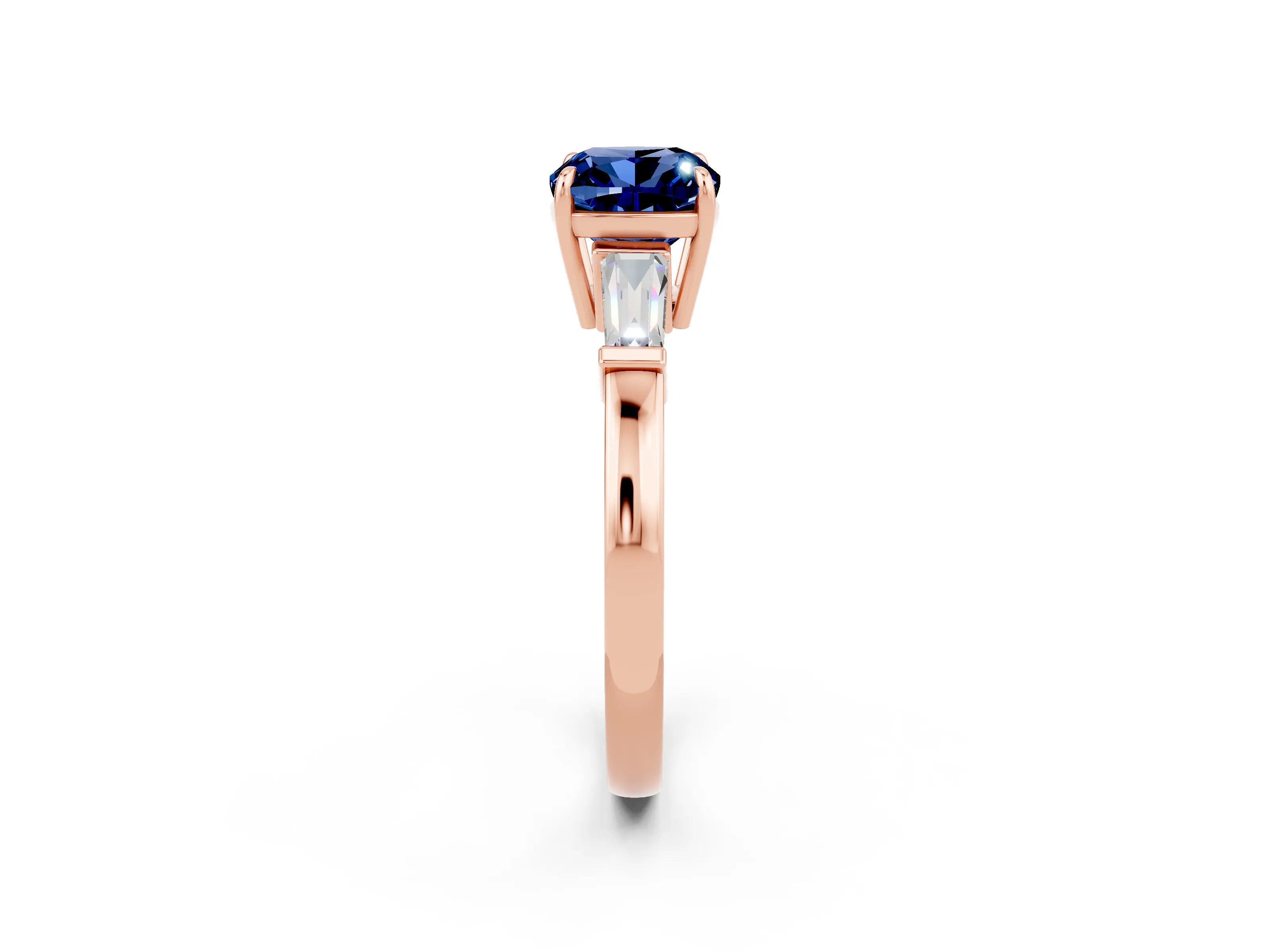 Rose gold Cushion Cut Cut Diamond Ring with Tapered Baguette Side Stones in Four-Prong Setting_2