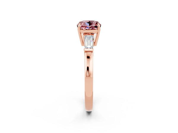 Rose gold Cushion Cut Cut Diamond Ring with Tapered Baguette Side Stones in Four-Prong Setting