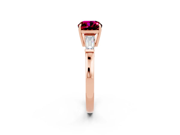 Rose gold Cushion Cut Garnet Three-Stone Ring with Tapered Baguette Side Stones and Prong Setting