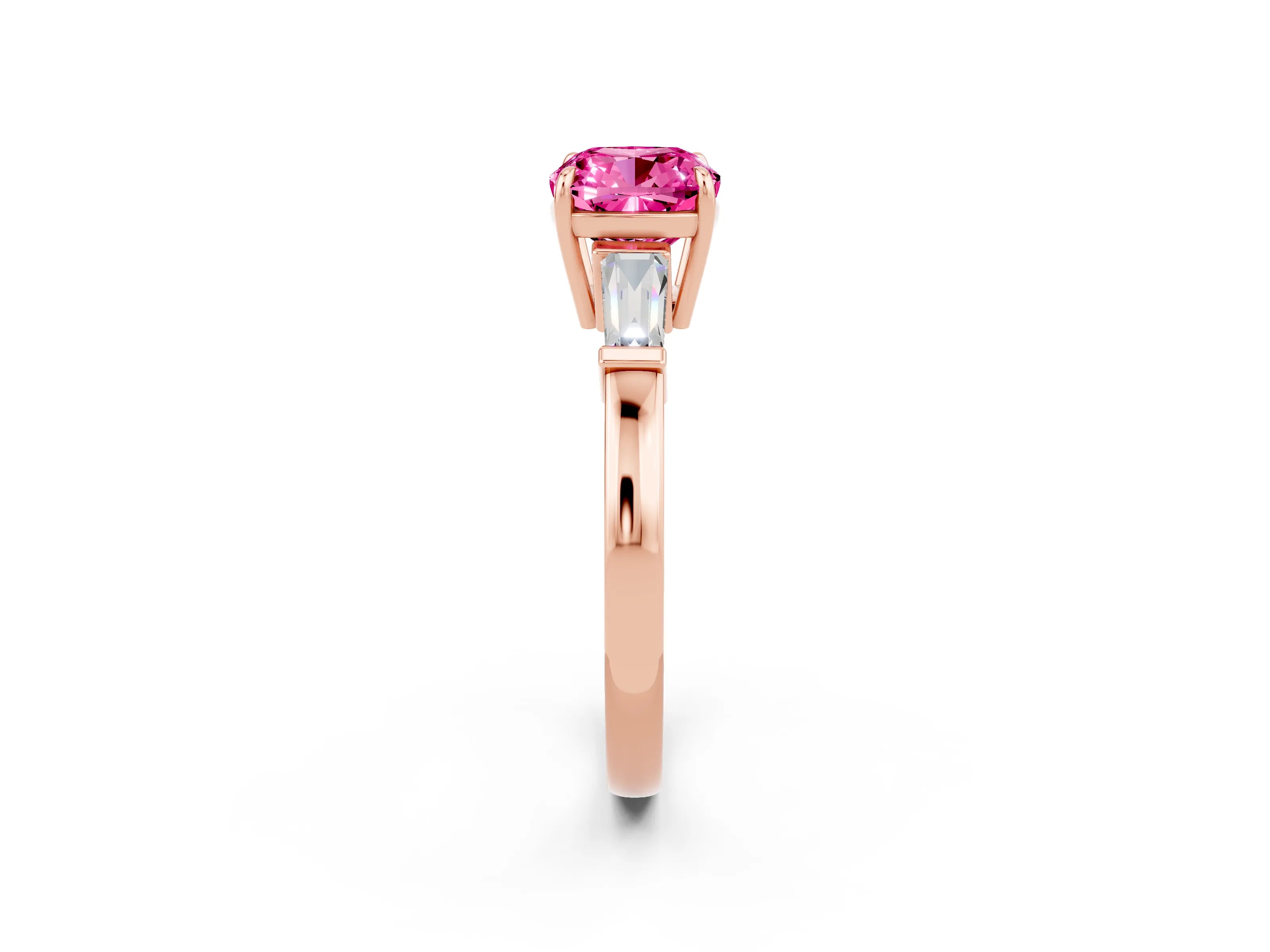 Rose gold Cushion Cut Cut Diamond Ring with Tapered Baguette Side Stones in Four-Prong Setting_2