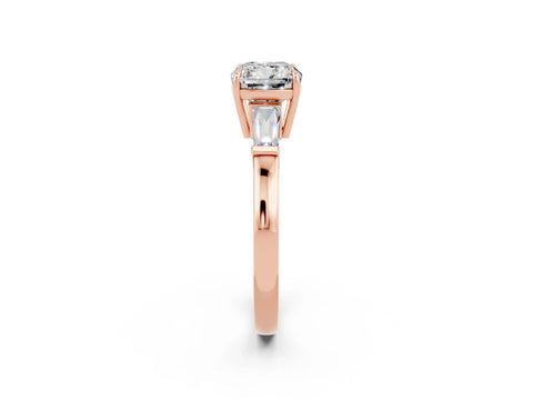 Rose gold Cushion Cut Cut Diamond Ring with Tapered Baguette Side Stones in Four-Prong Setting_2