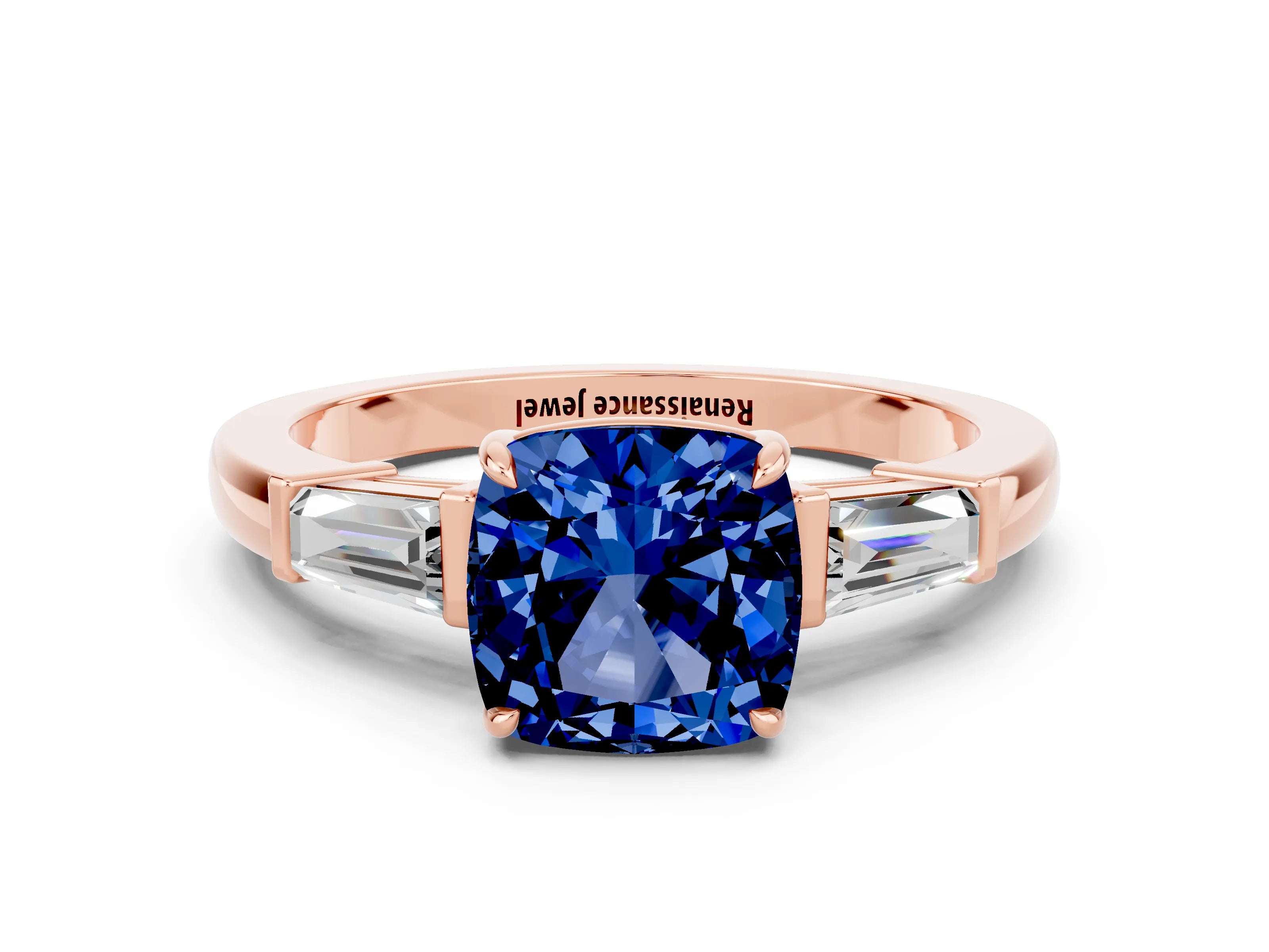 Rose gold Cushion Cut Cut Diamond Ring with Tapered Baguette Side Stones in Four-Prong Setting