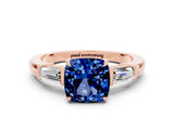 Rose gold Cushion Cut Cut Diamond Ring with Tapered Baguette Side Stones in Four-Prong Setting