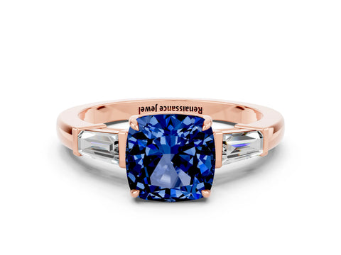 Rose gold Cushion Cut Cut Diamond Ring with Tapered Baguette Side Stones in Four-Prong Setting