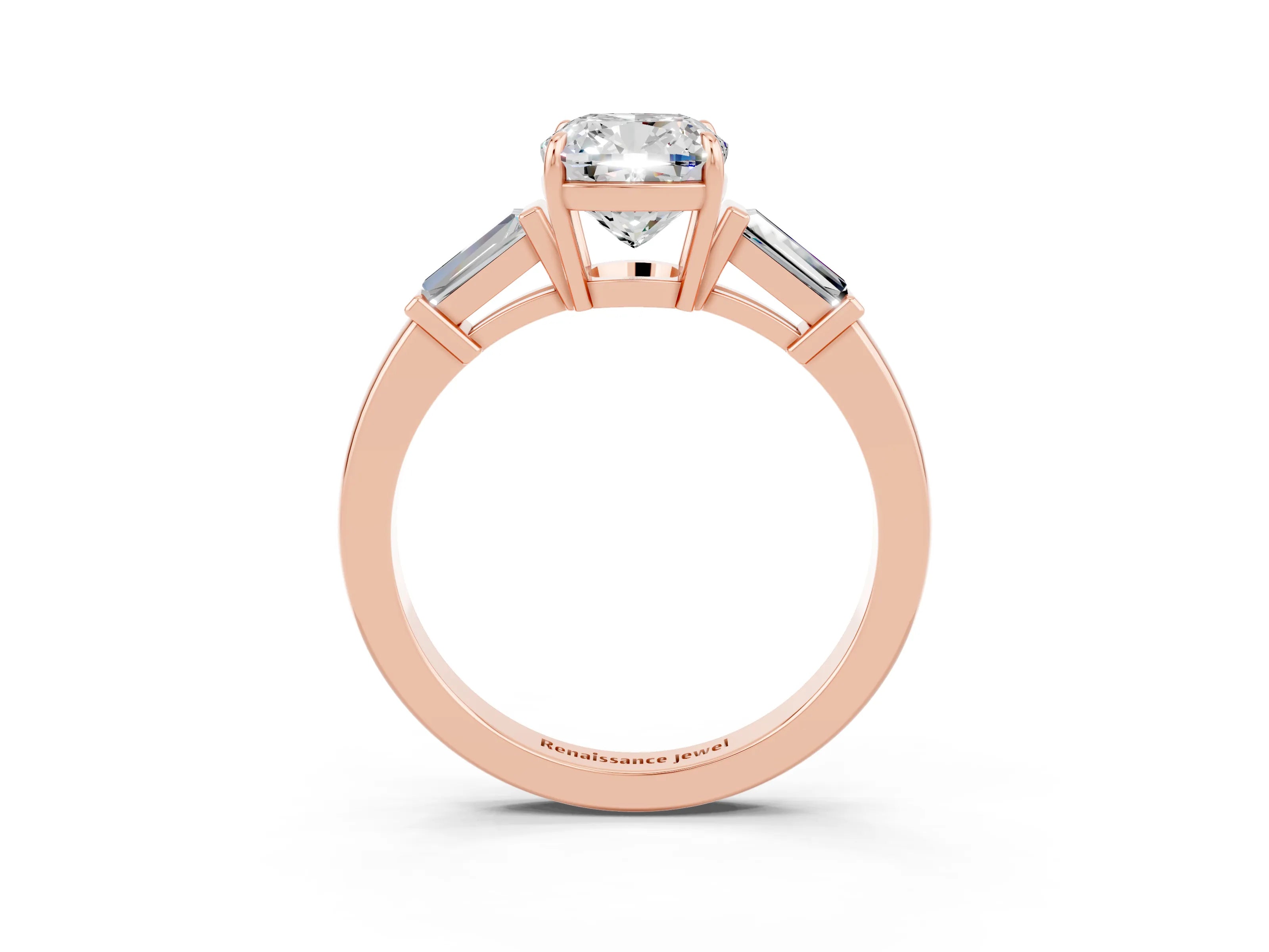 Rose gold Cushion Cut Cut Diamond Ring with Tapered Baguette Side Stones in Four-Prong Setting_3