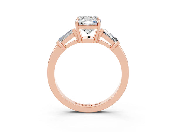 Rose gold Cushion Cut Moissanite Three-Stone Ring with Tapered Baguette Side Stones and Prong Setting