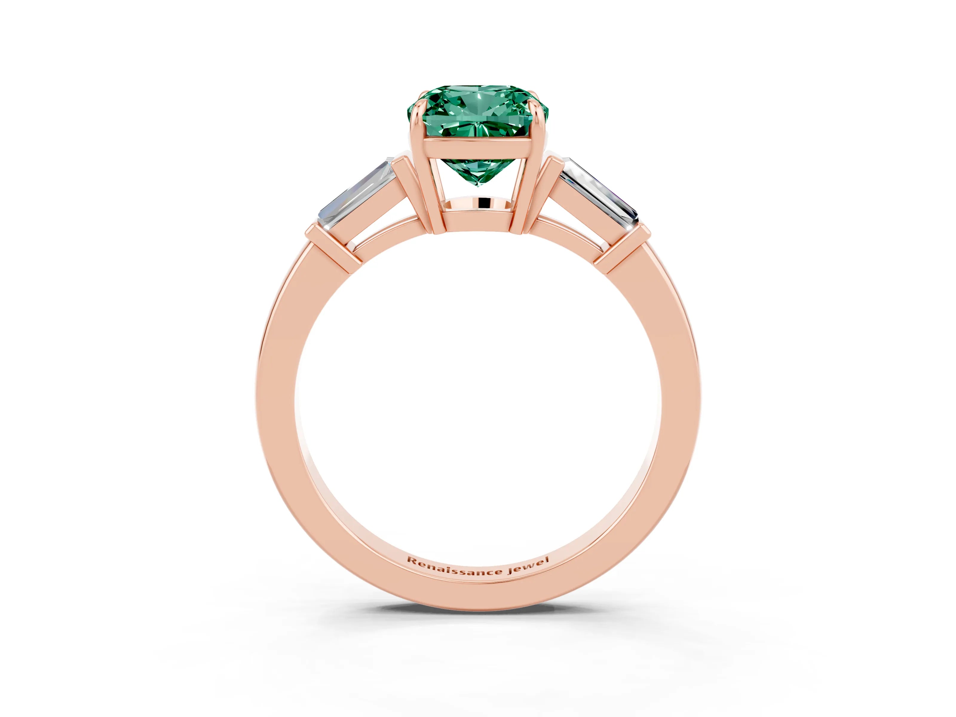 Rose gold Cushion Cut Cut Diamond Ring with Tapered Baguette Side Stones in Four-Prong Setting_3