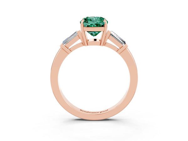 Rose gold Cushion Cut Green Sapphire Three-Stone Ring with Tapered Baguette Side Stones and Prong Setting