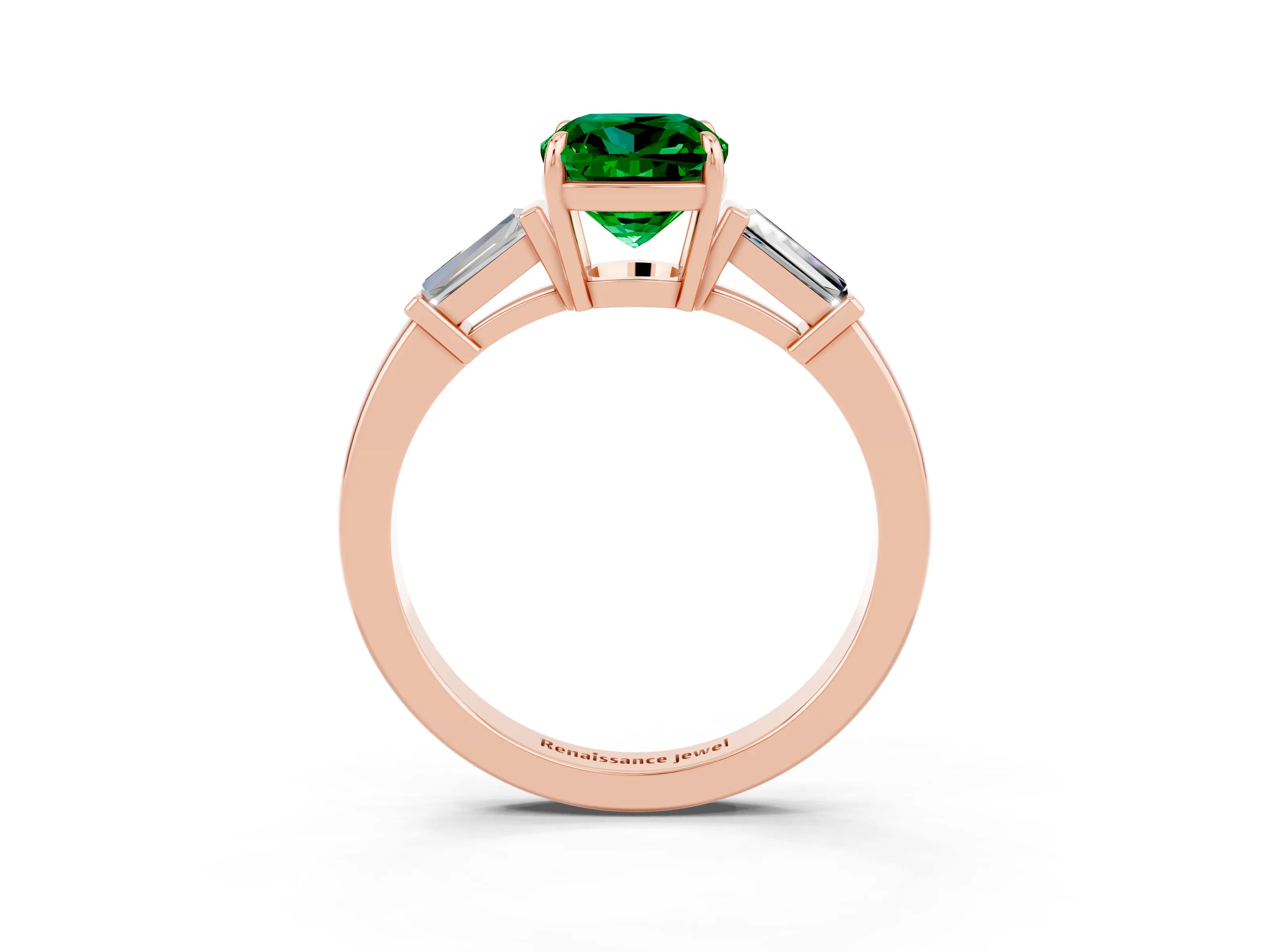 Rose gold Cushion Cut Cut Diamond Ring with Tapered Baguette Side Stones in Four-Prong Setting_3