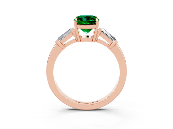 Rose gold Cushion Cut Emerald Three-Stone Ring with Tapered Baguette Side Stones and Prong Setting