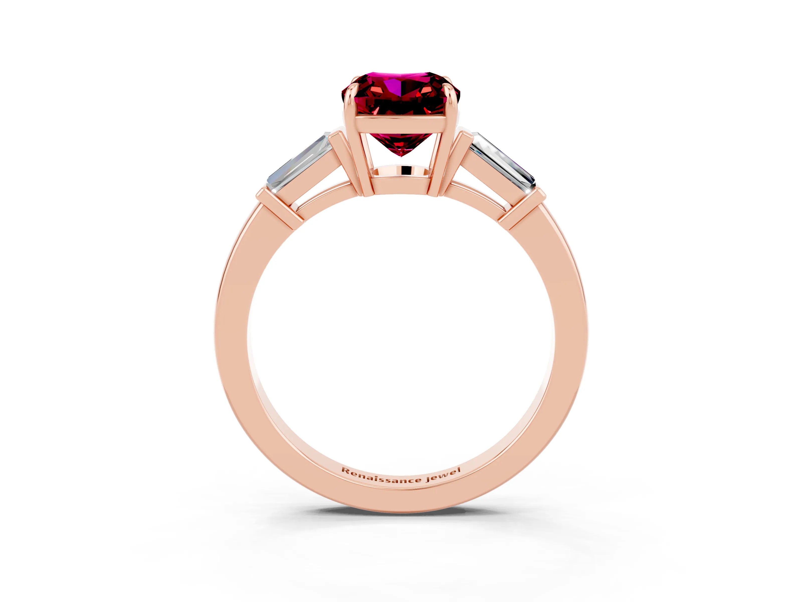 Rose gold Cushion Cut Cut Diamond Ring with Tapered Baguette Side Stones in Four-Prong Setting_3
