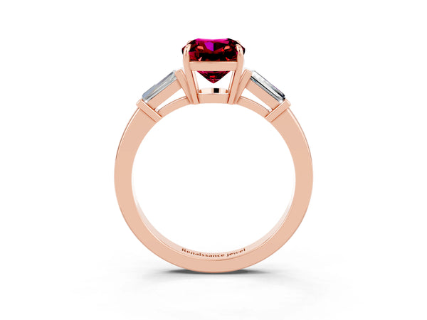 Rose gold Cushion Cut Garnet Three-Stone Ring with Tapered Baguette Side Stones and Prong Setting