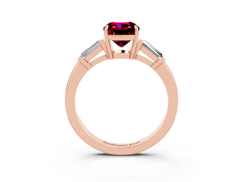 Rose gold Cushion Cut Cut Diamond Ring with Tapered Baguette Side Stones in Four-Prong Setting_3