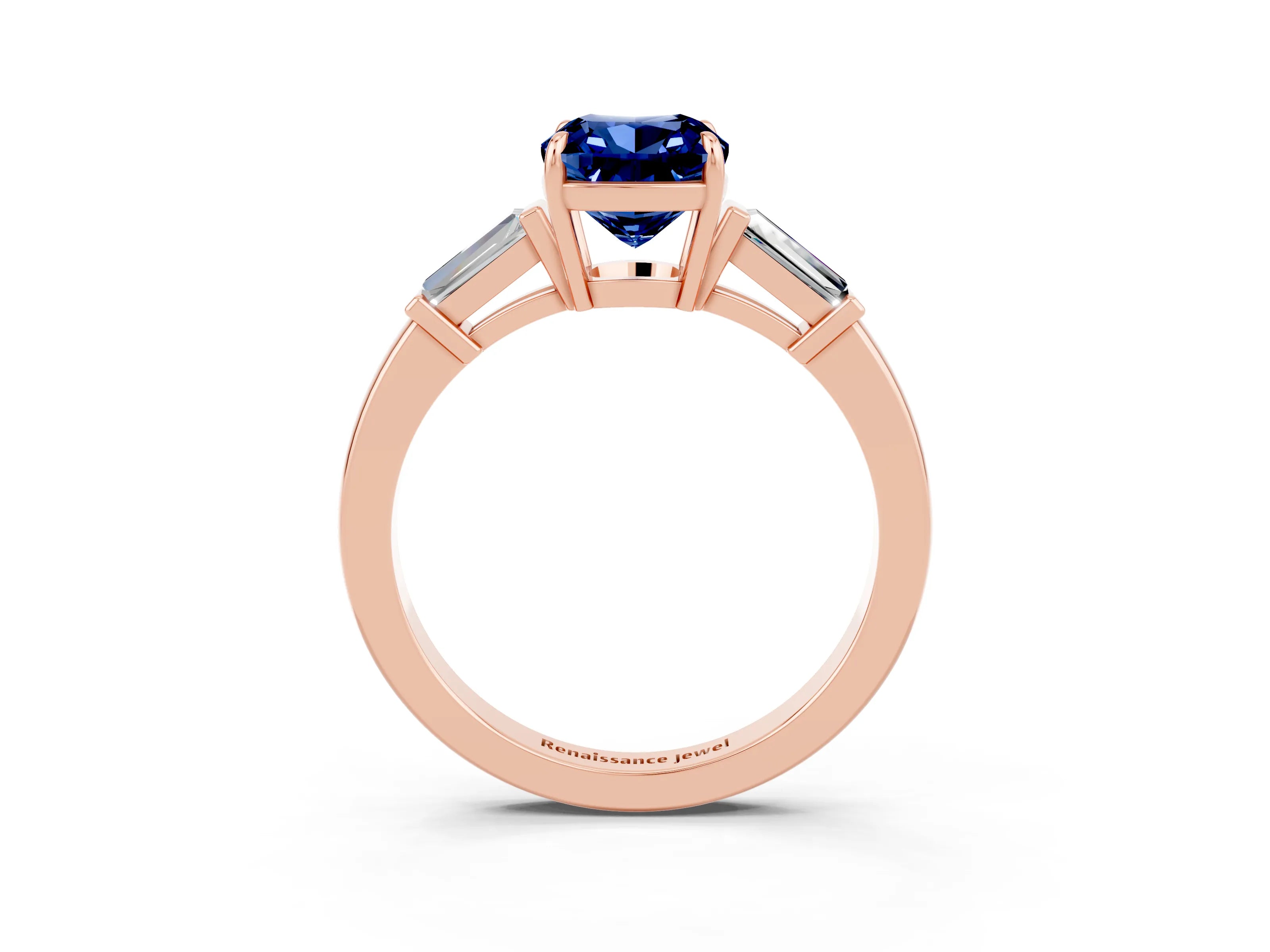 Rose gold Cushion Cut Cut Diamond Ring with Tapered Baguette Side Stones in Four-Prong Setting_3