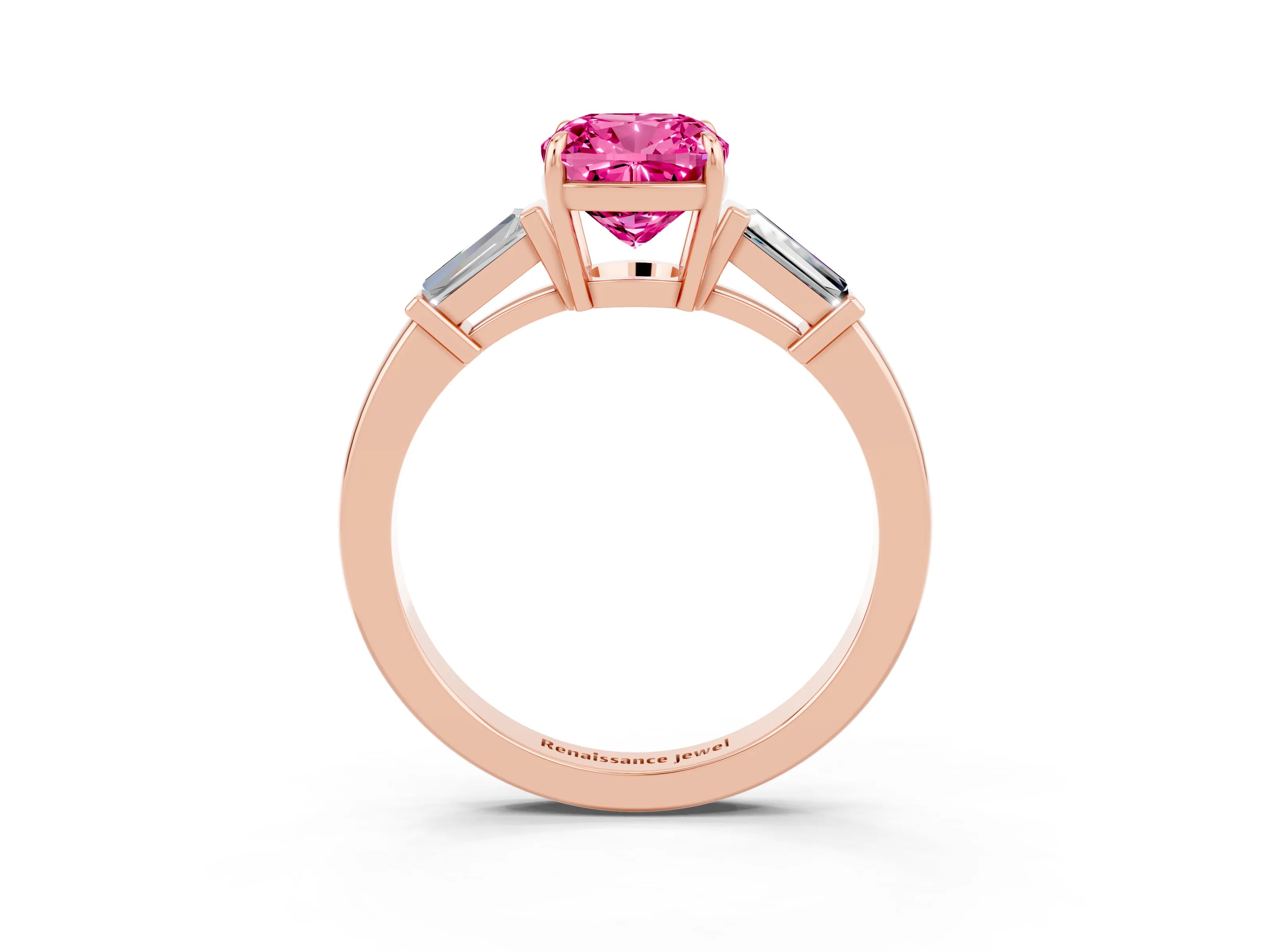 Rose gold Cushion Cut Cut Diamond Ring with Tapered Baguette Side Stones in Four-Prong Setting_3