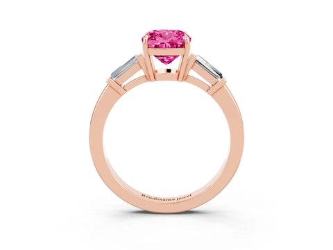 Rose gold Cushion Cut Cut Diamond Ring with Tapered Baguette Side Stones in Four-Prong Setting_3