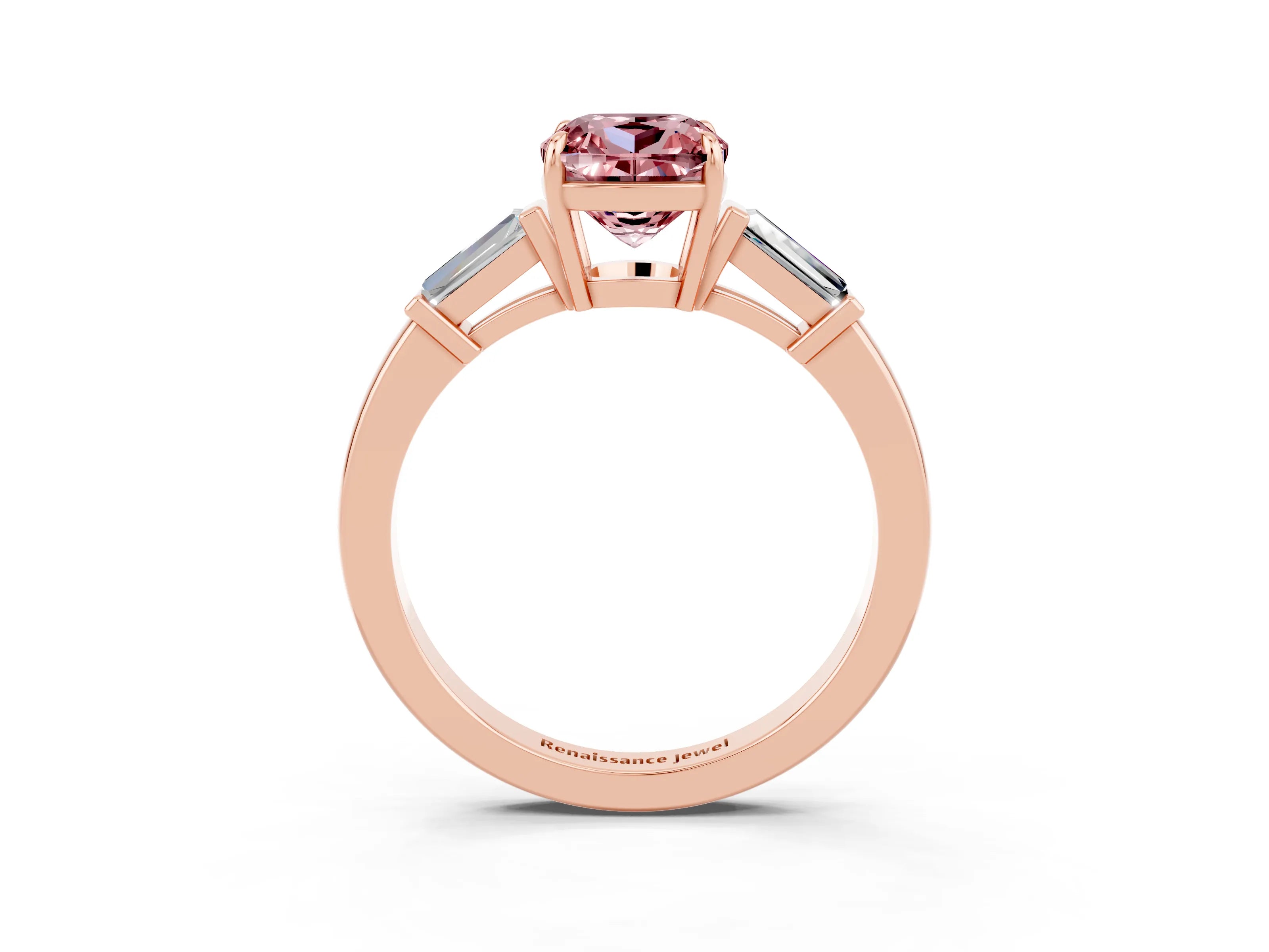Rose gold Cushion Cut Cut Diamond Ring with Tapered Baguette Side Stones in Four-Prong Setting_3
