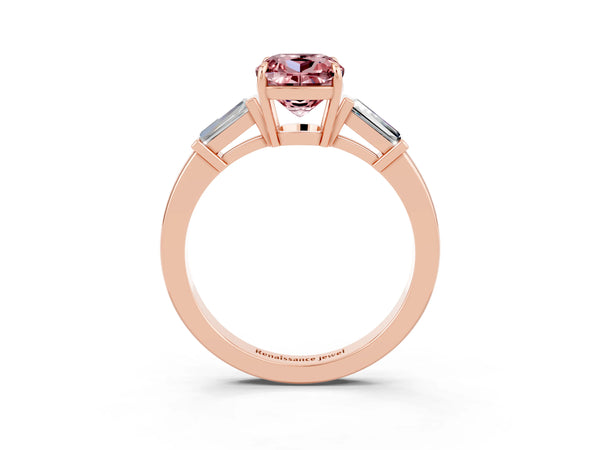 Rose gold Cushion Cut Cut Diamond Ring with Tapered Baguette Side Stones in Four-Prong Setting
