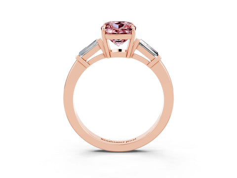 Rose gold Cushion Cut Cut Diamond Ring with Tapered Baguette Side Stones in Four-Prong Setting_3