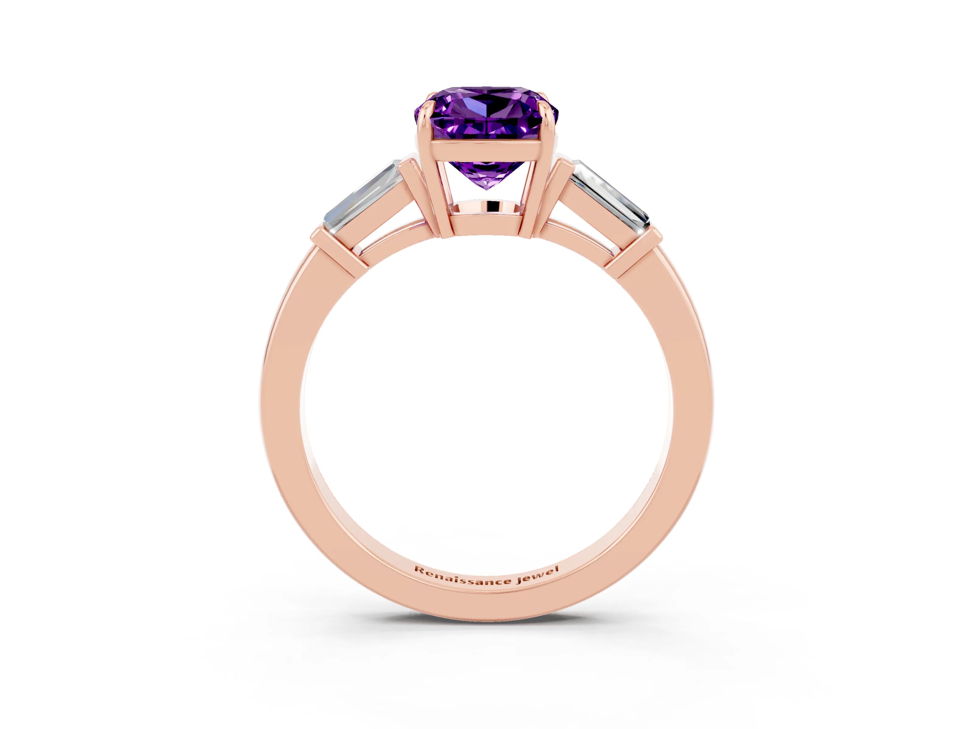 Rose gold Cushion Cut Cut Diamond Ring with Tapered Baguette Side Stones in Four-Prong Setting_3