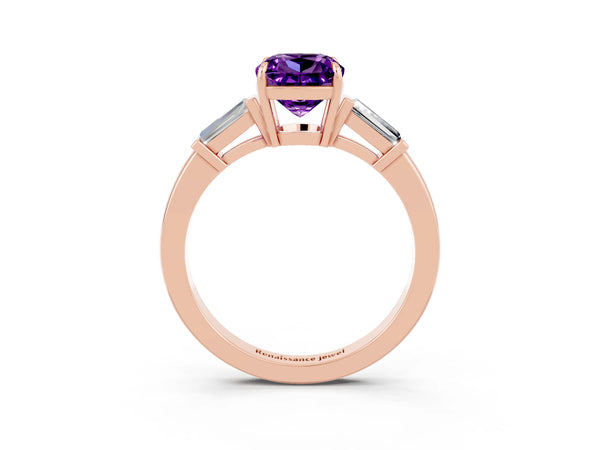 Rose gold Cushion Cut Amethyst Three-Stone Ring with Tapered Baguette Side Stones and Prong Setting