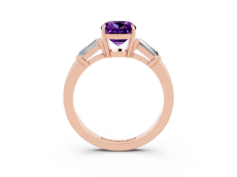 Rose gold Cushion Cut Cut Diamond Ring with Tapered Baguette Side Stones in Four-Prong Setting_3