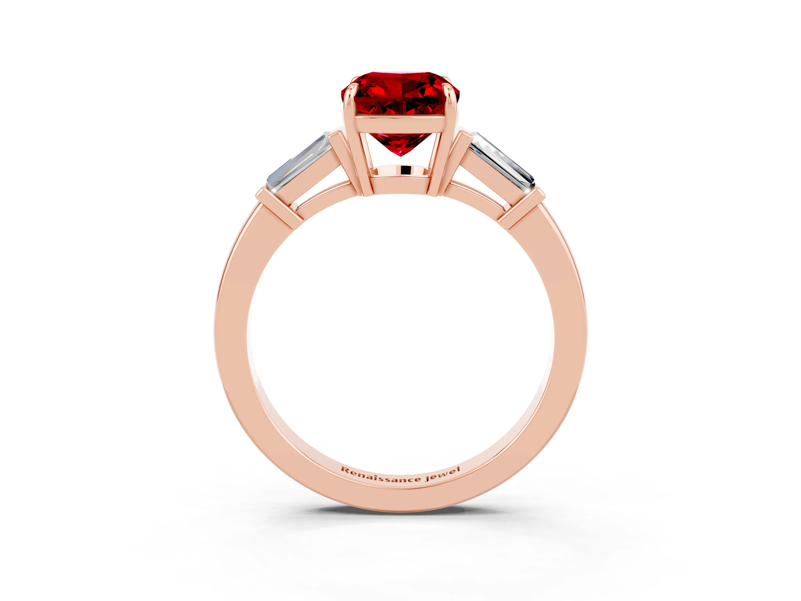 Rose gold Cushion Cut Cut Diamond Ring with Tapered Baguette Side Stones in Four-Prong Setting_3