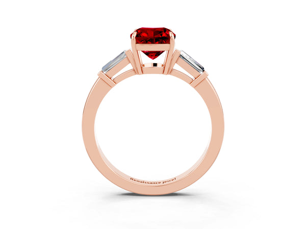 Rose gold Cushion Cut Cut Diamond Ring with Tapered Baguette Side Stones in Four-Prong Setting