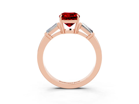 Rose gold Cushion Cut Cut Diamond Ring with Tapered Baguette Side Stones in Four-Prong Setting_3