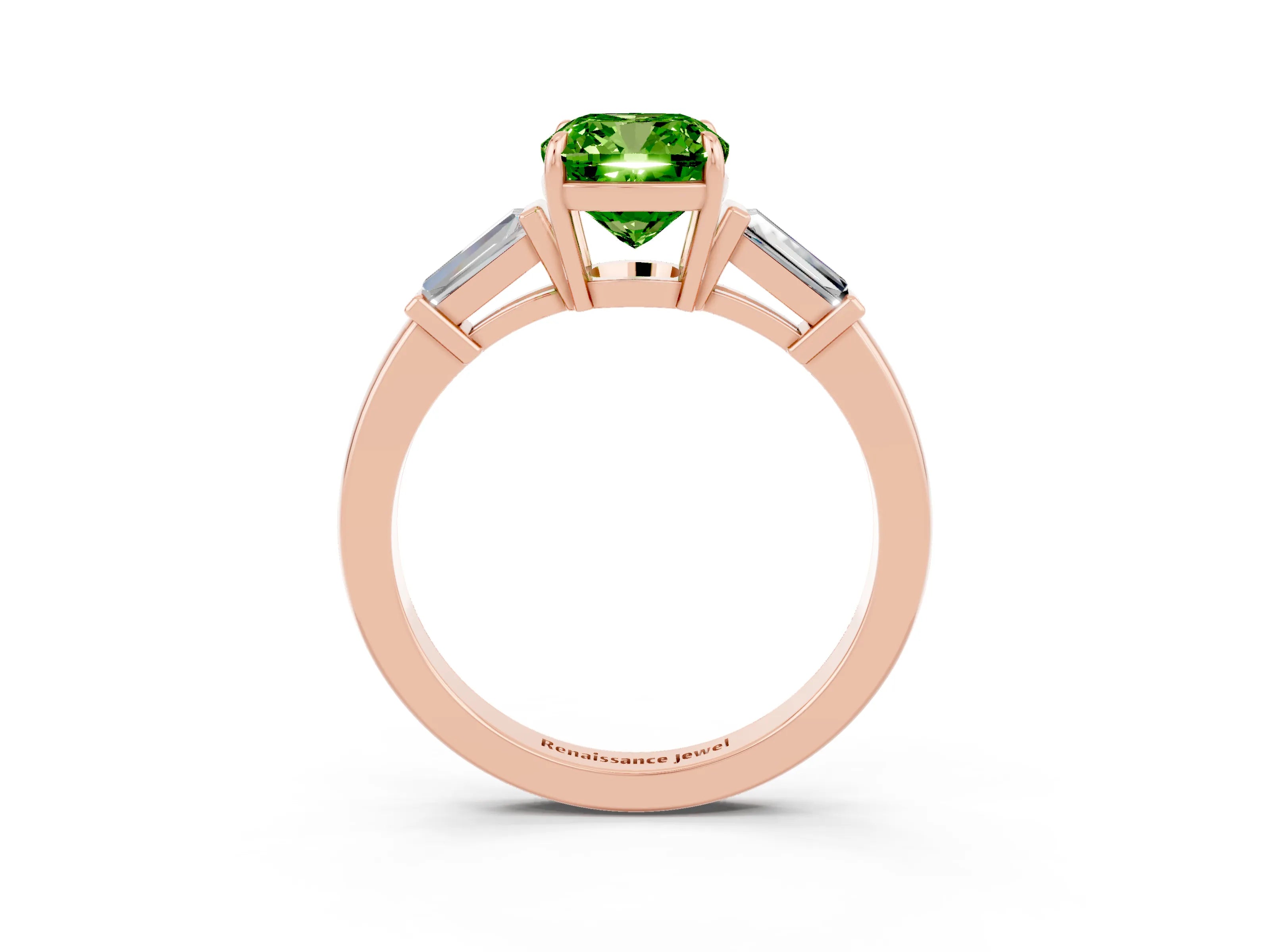 Rose gold Cushion Cut Cut Diamond Ring with Tapered Baguette Side Stones in Four-Prong Setting_3