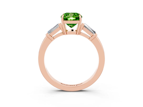 Rose gold Cushion Cut Cut Diamond Ring with Tapered Baguette Side Stones in Four-Prong Setting