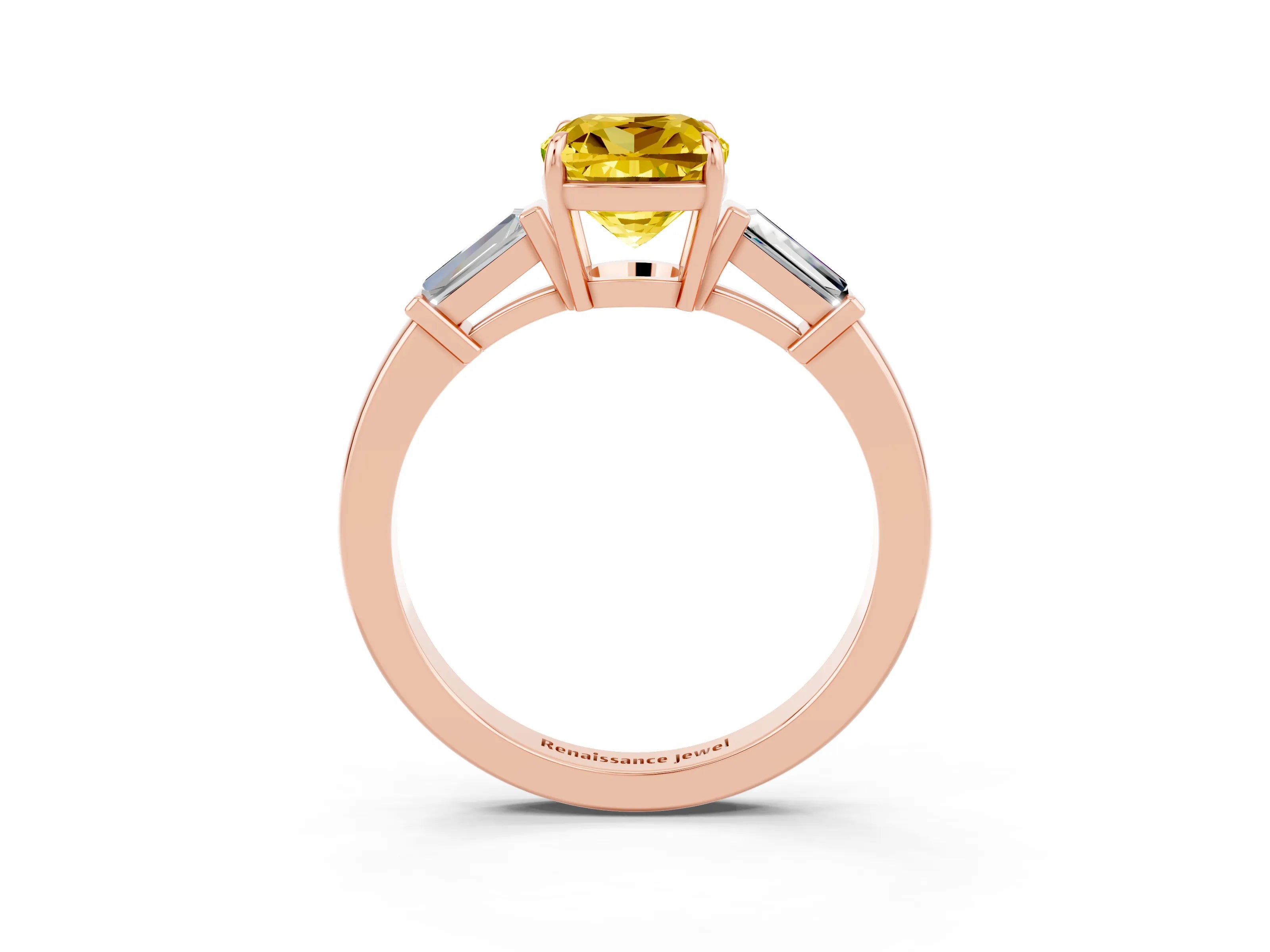 Rose gold Cushion Cut Cut Diamond Ring with Tapered Baguette Side Stones in Four-Prong Setting_3