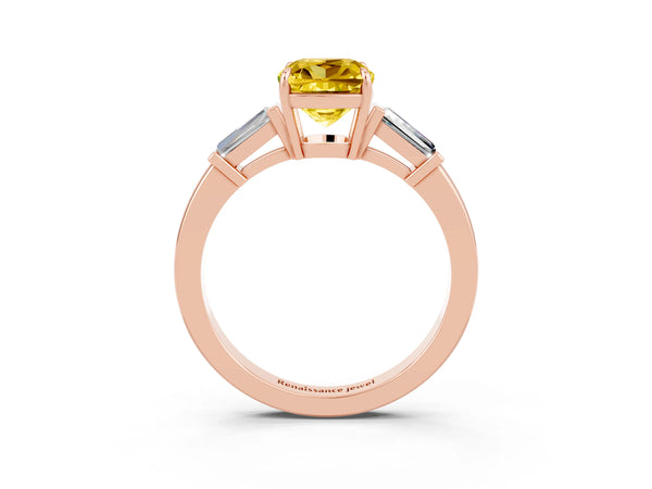 Rose gold Cushion Cut Yellow Sapphire Three-Stone Ring with Tapered Baguette Side Stones and Prong Setting