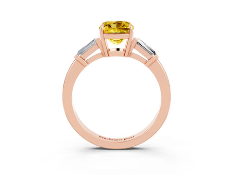 Rose gold Cushion Cut Cut Diamond Ring with Tapered Baguette Side Stones in Four-Prong Setting_3