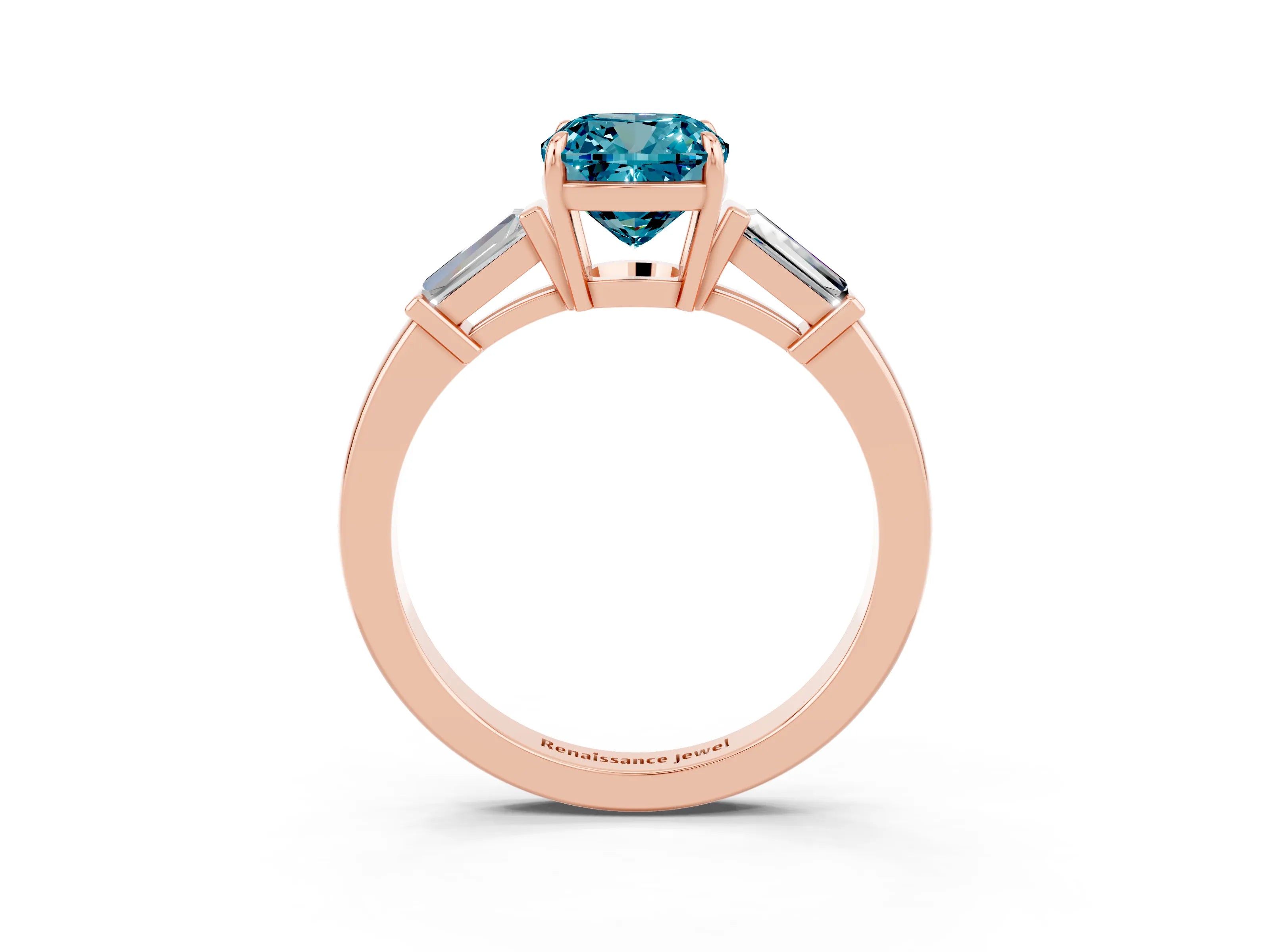 Rose gold Cushion Cut Cut Diamond Ring with Tapered Baguette Side Stones in Four-Prong Setting_3