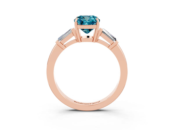 Rose gold Cushion Cut Cut Diamond Ring with Tapered Baguette Side Stones in Four-Prong Setting