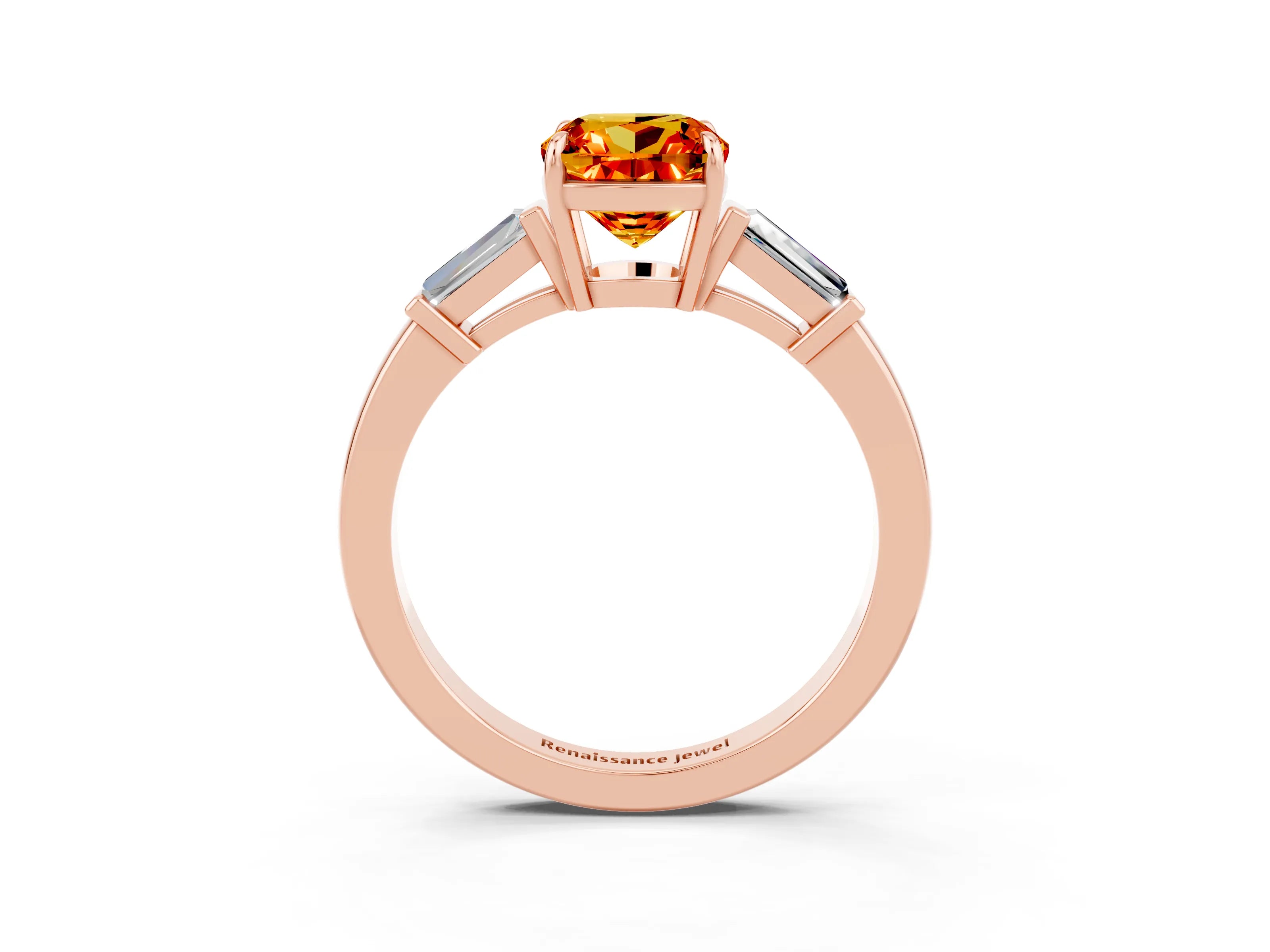 Rose gold Cushion Cut Cut Diamond Ring with Tapered Baguette Side Stones in Four-Prong Setting_3