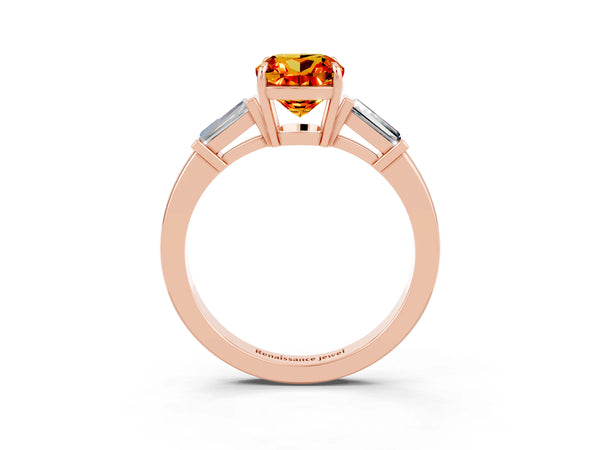 Rose gold Cushion Cut Citrine Three-Stone Ring with Tapered Baguette Side Stones and Prong Setting