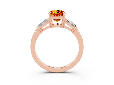 Rose gold Cushion Cut Cut Diamond Ring with Tapered Baguette Side Stones in Four-Prong Setting_3