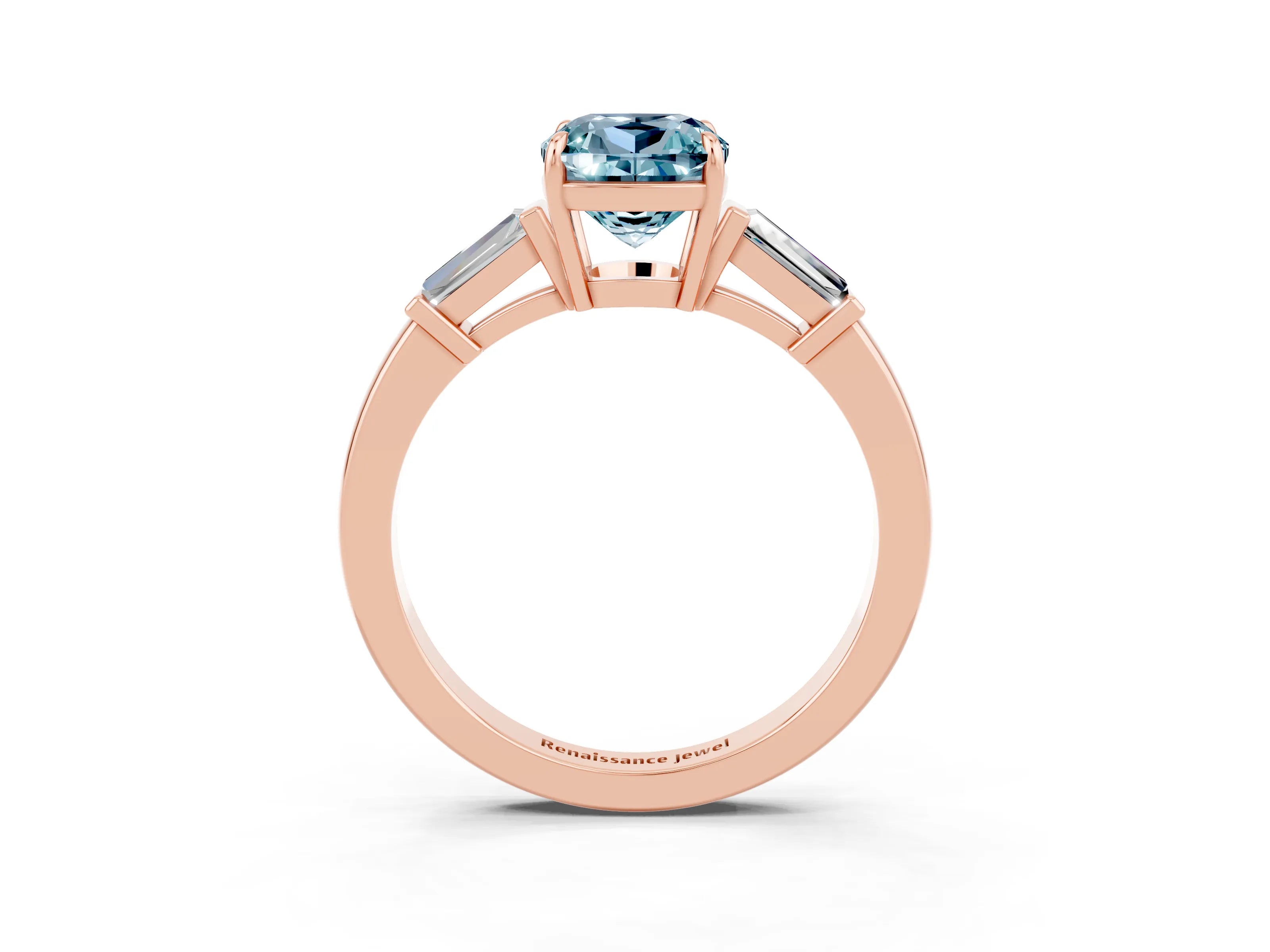 Rose gold Cushion Cut Cut Diamond Ring with Tapered Baguette Side Stones in Four-Prong Setting_3