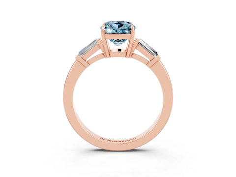 Rose gold Cushion Cut Cut Diamond Ring with Tapered Baguette Side Stones in Four-Prong Setting_3