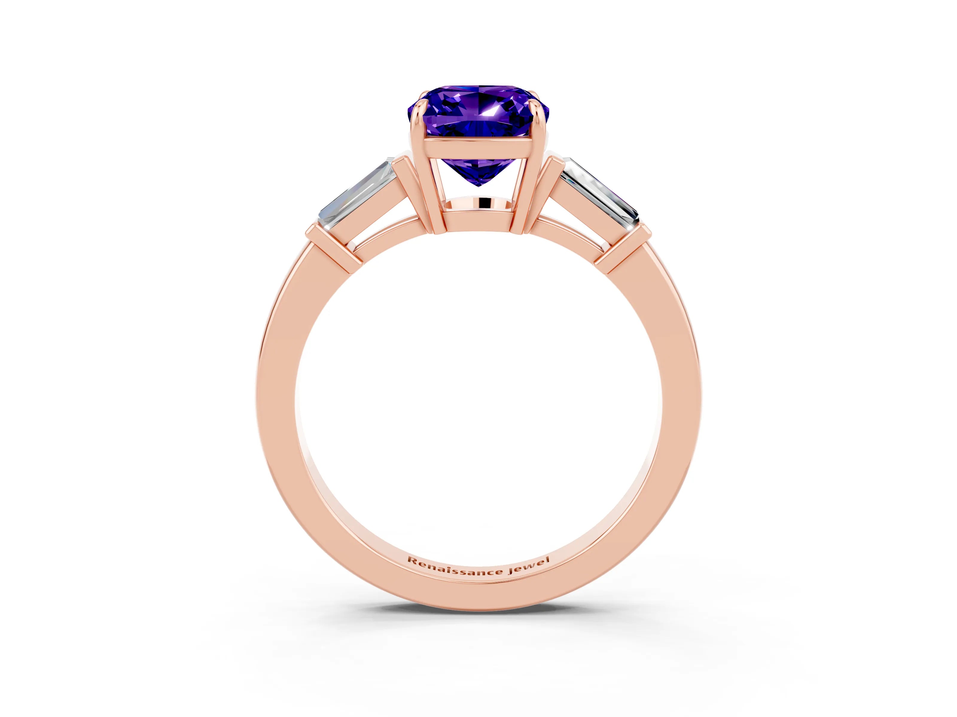 Rose gold Cushion Cut Cut Diamond Ring with Tapered Baguette Side Stones in Four-Prong Setting_3