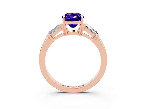 Rose gold Cushion Cut Tanzanite Three-Stone Ring with Tapered Baguette Side Stones and Prong Setting