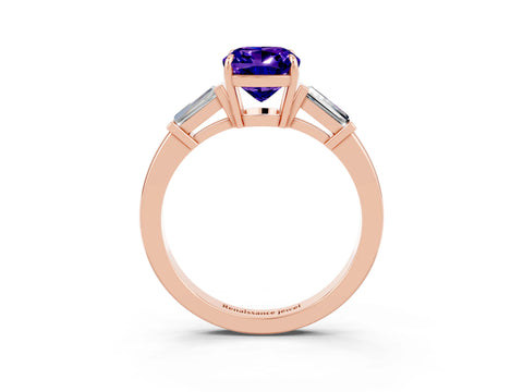 Rose gold Cushion Cut Cut Diamond Ring with Tapered Baguette Side Stones in Four-Prong Setting_3