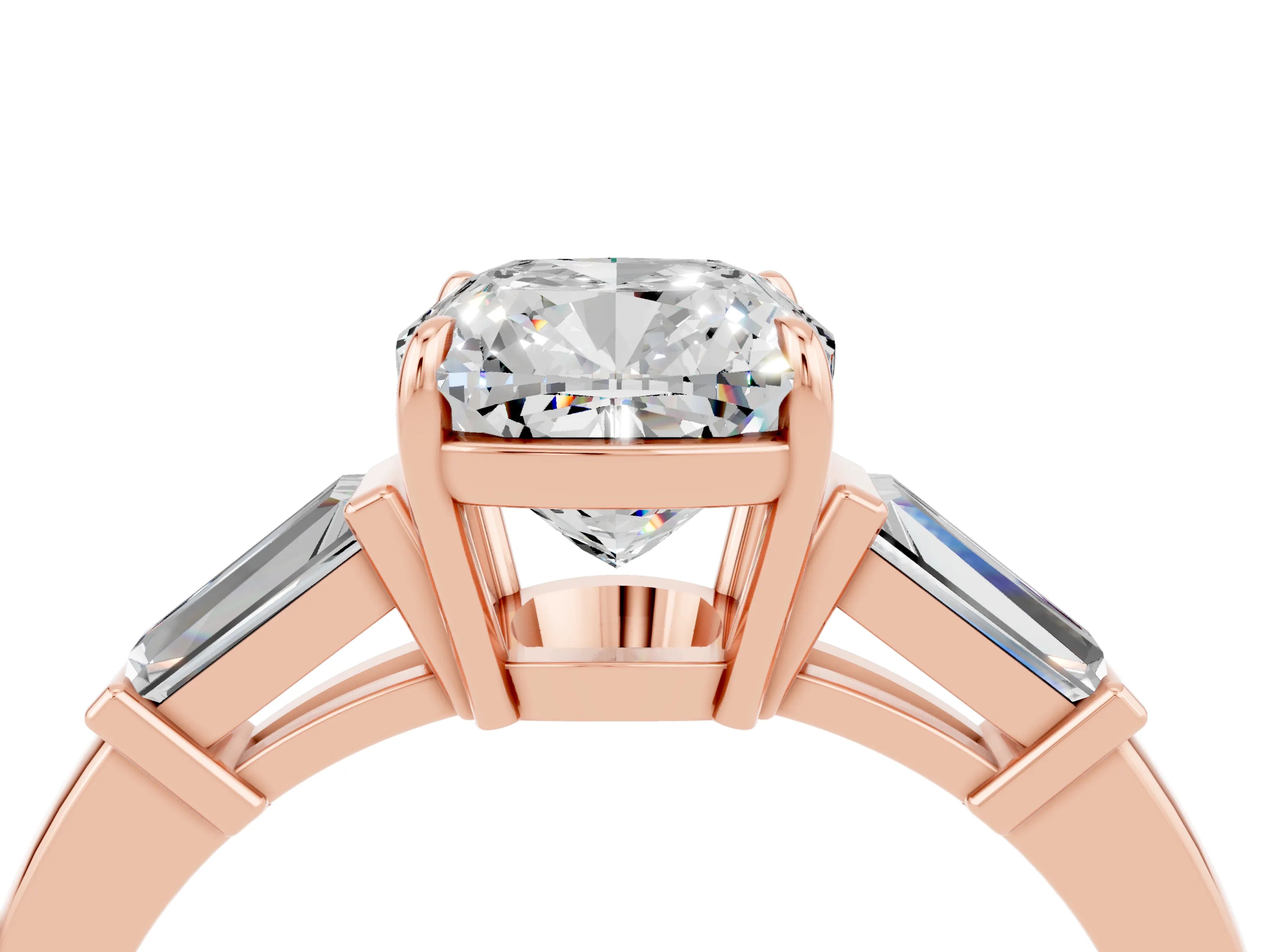 Rose gold Cushion Cut Cut Diamond Ring with Tapered Baguette Side Stones in Four-Prong Setting_4