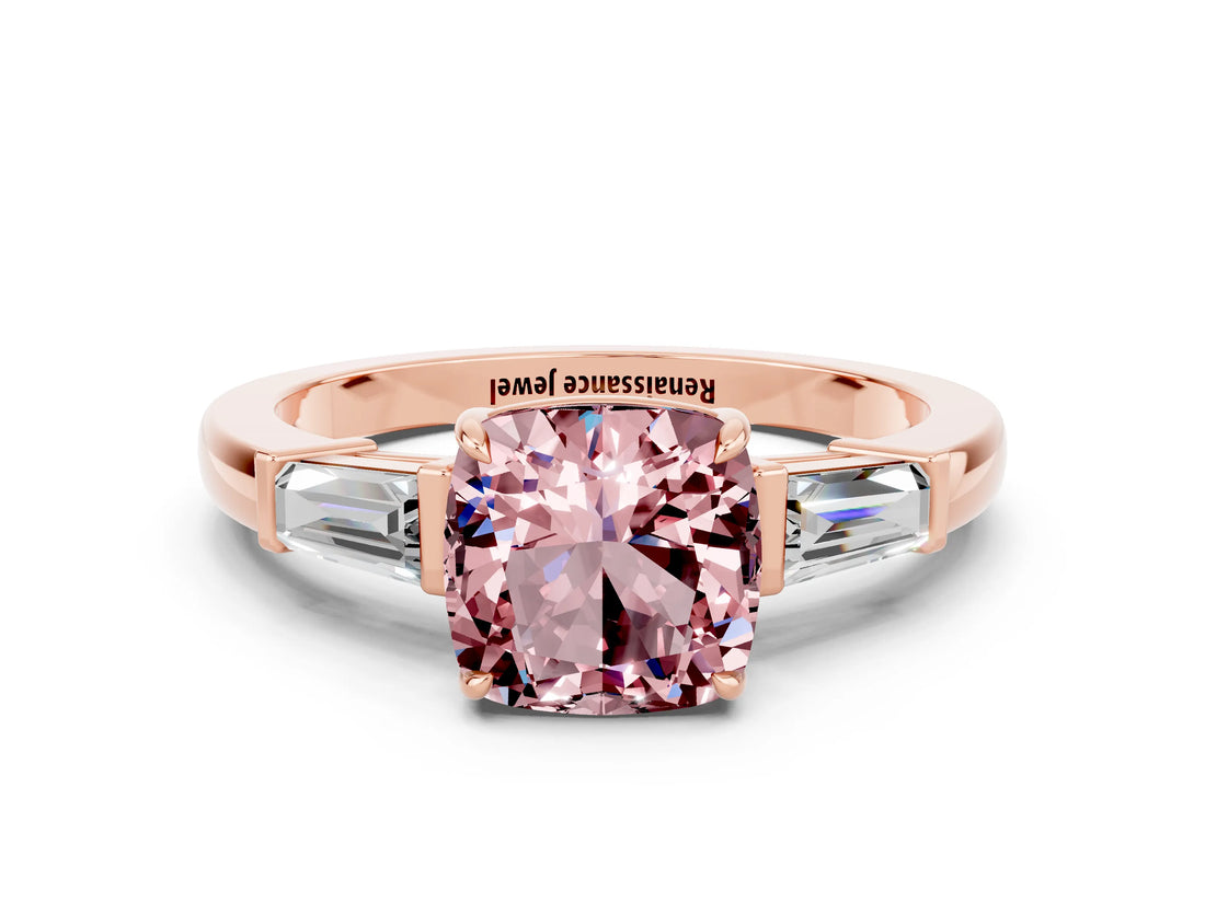 Rose gold Cushion Cut Cut Diamond Ring with Tapered Baguette Side Stones in Four-Prong Setting