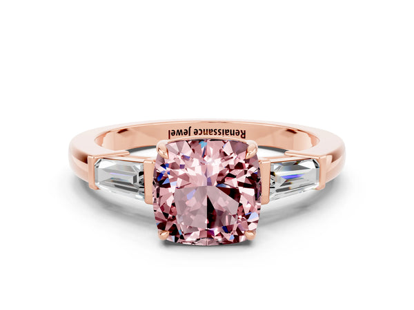 Rose gold Cushion Cut Cut Diamond Ring with Tapered Baguette Side Stones in Four-Prong Setting